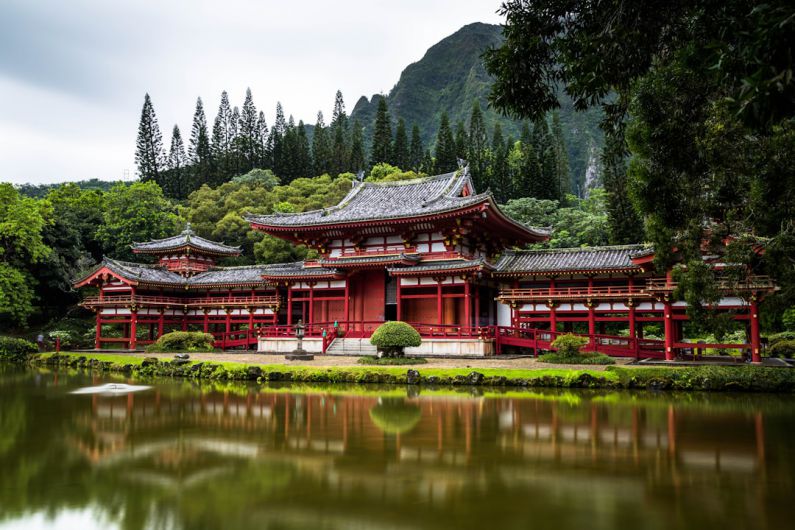 Asia Temples - Japanese style temple near calm water behind mountain at daytime