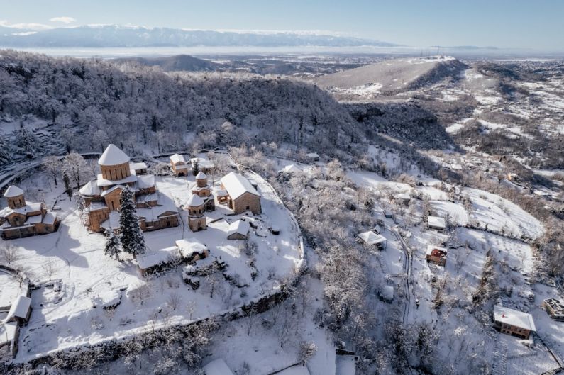 Georgia Monastery - an aerial view of a snow covered village